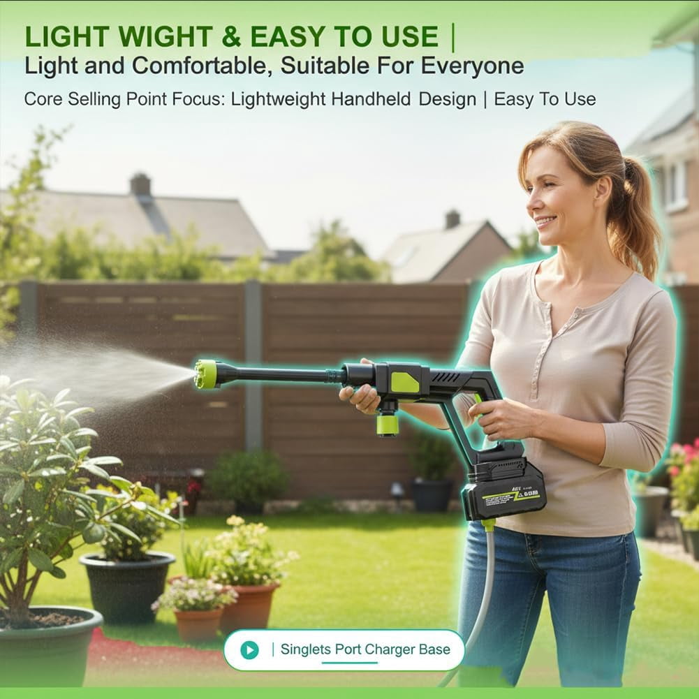 48V Cordless Pressure Washer, 6-in-1 Nozzle, Single Port Charger Base for Car Floor Patio Garden Cleaning(Q)