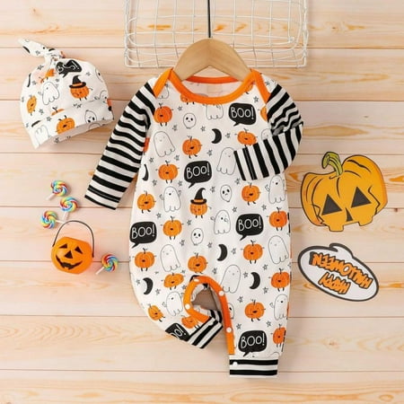 

Promotion!Baby Boy Halloween Pumpkin Romper Infant Baby Xmas Romper Jumpsuit Bodysuit with Hat 2pcs Outfit Set