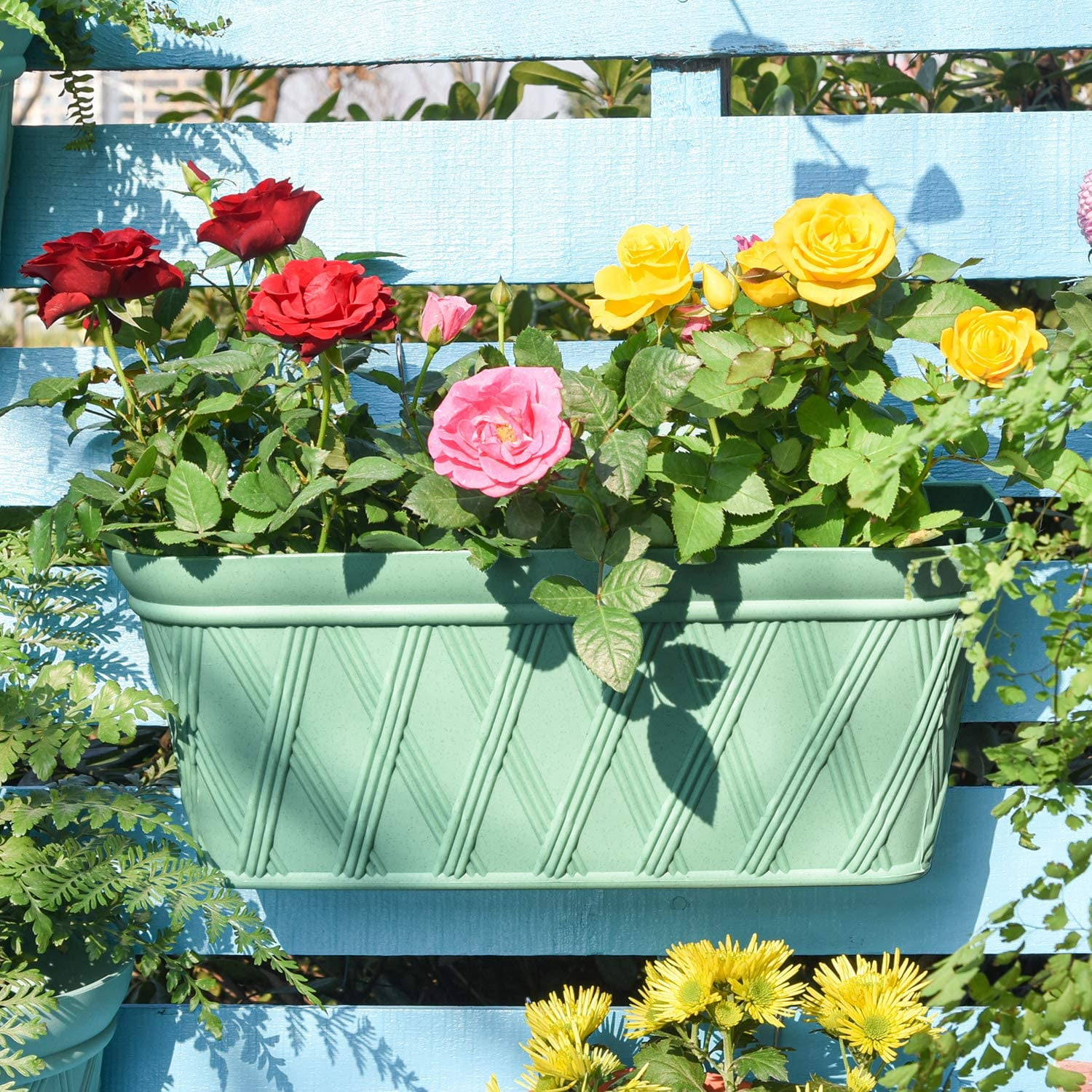 Sungmor 3 Pack Wall Hanging Planters, 16.5 Inch Railing Fence Hanging Flower Pots, Thickened Plastic Water Storage Plant Pot, Indoor Outdoor Garden Balcony Decor, Light Green Large Plant Basket