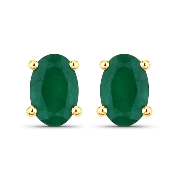 14Ct Emerald Earrings, Genuine Emerald Oval and Diamond 14k Yellow Gold Stud Plated Earrings for Women, Bridesmaid Gift, May Birthstone Gift