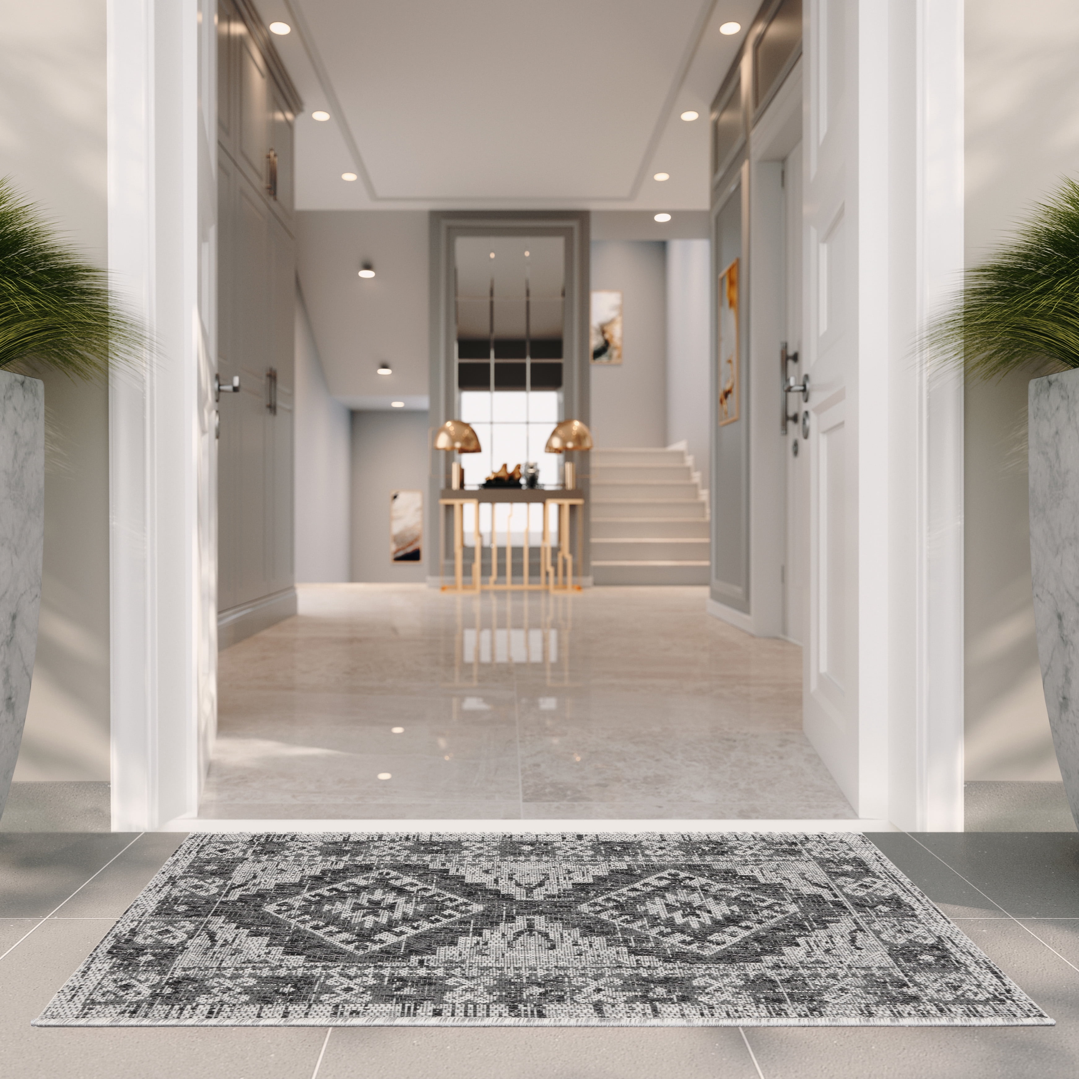 SAFAVIEH Courtyard Davin Geometric Indoor/Outdoor Area Rug, Light Grey/Charcoal, 8' x 10'