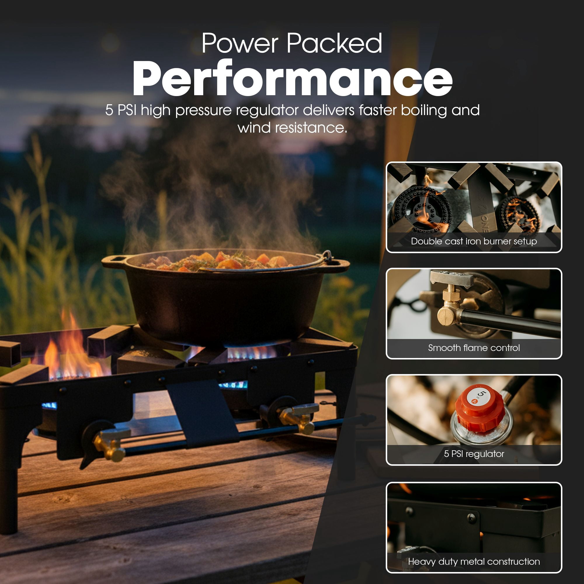 GasOne Double Propane Burner with Adjustable Height 4-Tier Removable Legs for Outdoor Cooking – High Pressure PSI Regulator Camping Accessories Camp Stove – Cast Iron Portable Stove Top