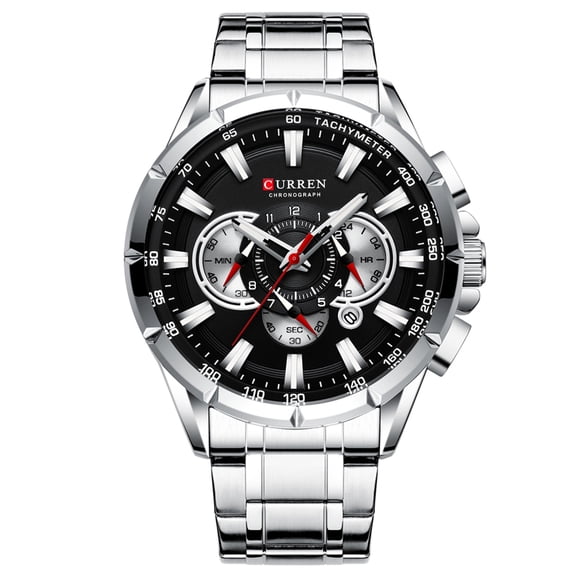 CURREN Curren 8363 Men's Stainless Steel Quartz Watch with Luminous Hands, Chronograph, and Calendar Function - Waterproof Black Dial Silver Band