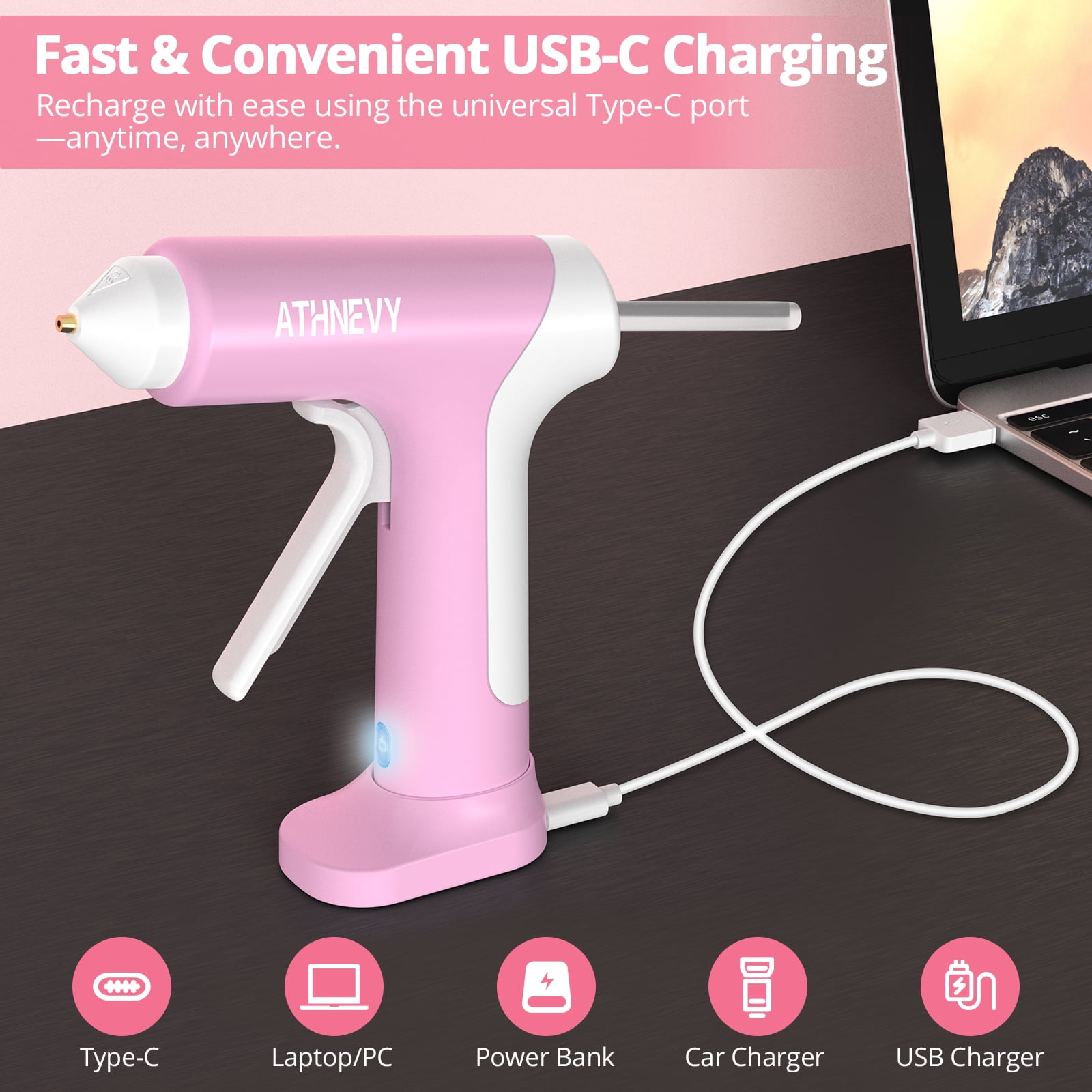 Cordless Hot Glue Gun, 10s Fast Preheat, 30PCS Mini Glue Sticks 7x100mm, 4V Type-C Rechargeable, Anti-Drip, Auto-off, for Diy Crafts, Repair