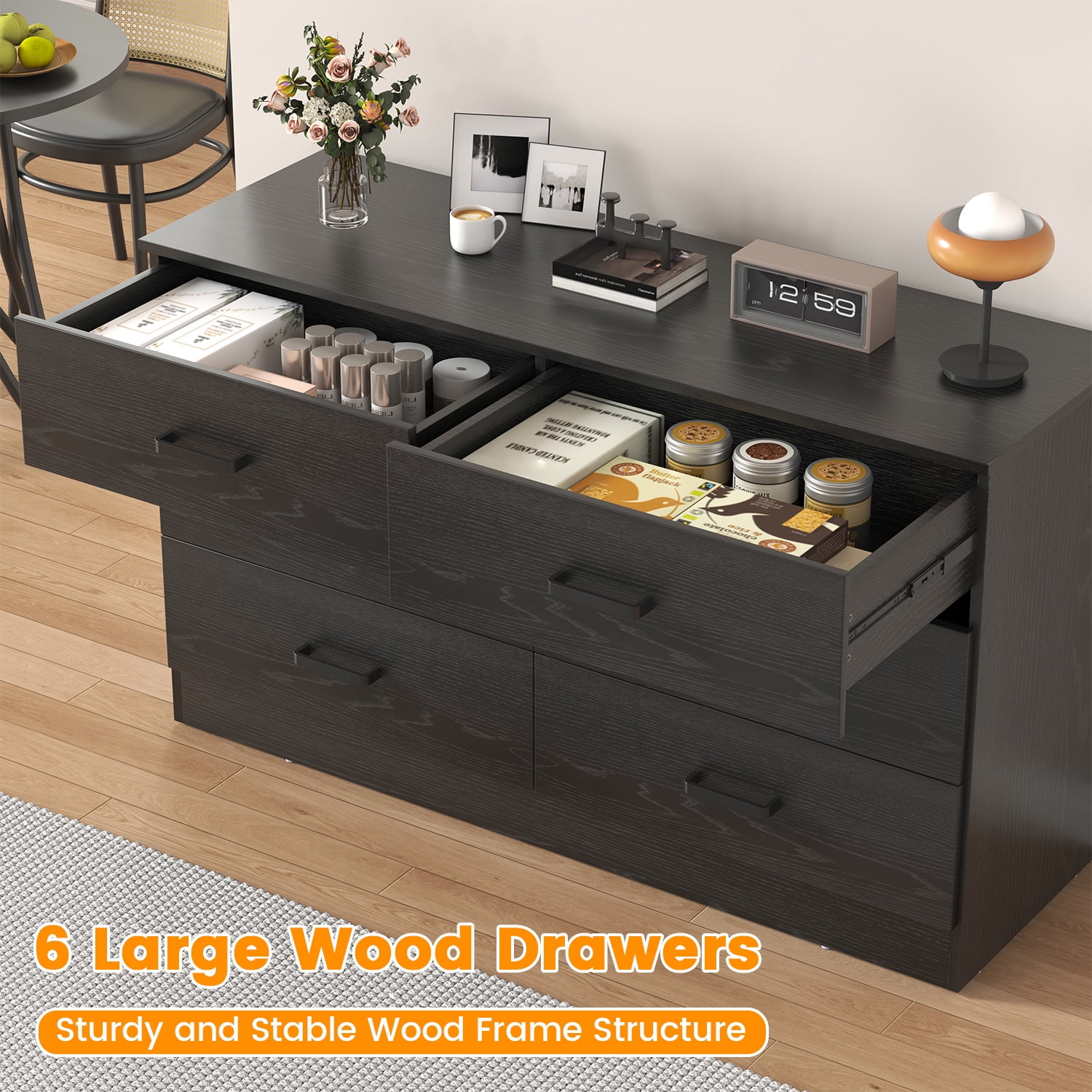 Winkalon 6 Drawer Black Double Dresser,Wood Storage Cabinet with Easy Pull Out Handles for Living Room,Chest of Drawers for Bedroom
