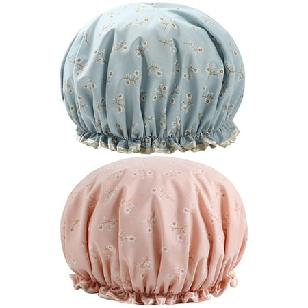 

NUOLUX 2pcs Double-layer Printed Shower Waterproof Bath Caps Eva Bathing Hat Beauty Caps For Woman (Pink Flower + Blue Flower)