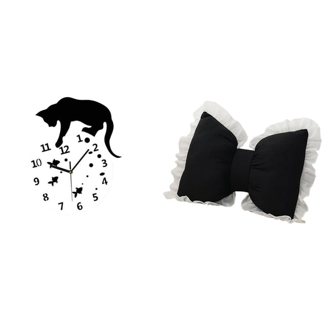 Reloj colgante silencioso con forma de gato y cojín de lazo, movimiento silencioso para sala de estar, estudio, oficina, silla, comedor y hogar.