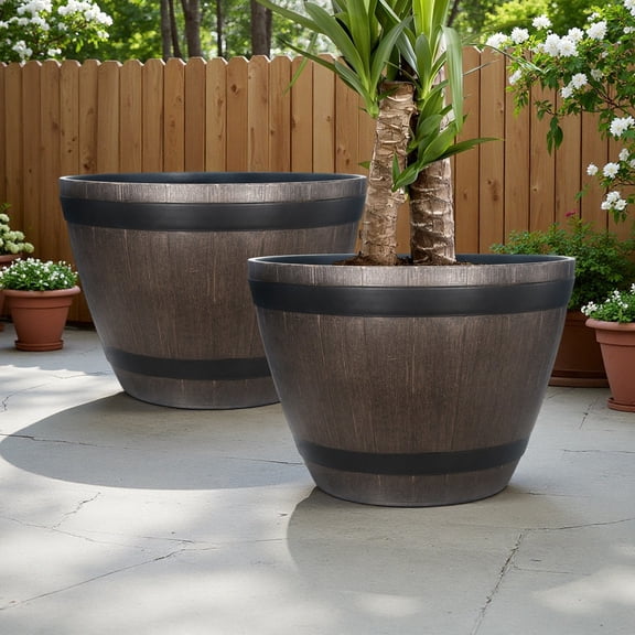 Whole Save Direct 2Pcs Rustic Wood-Look Barrel Planters Large Plastic Flower Pots Vintage Outdoor Décor for Garden Patio Lawn