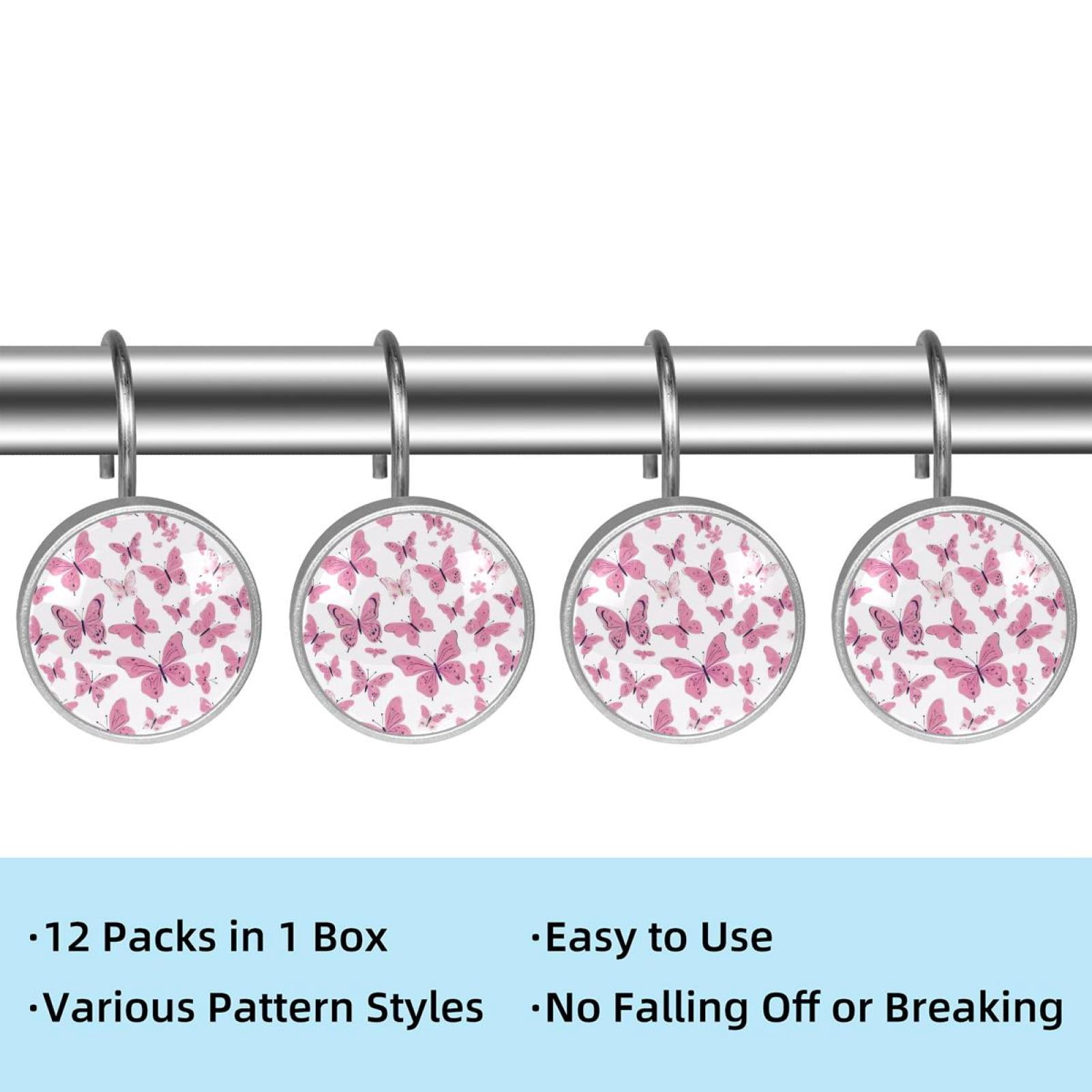 12pcs Decorative Shower Curtain Hooks, Rust Resistant Shower Rings for Bathroom Living Room,Rustproof Stainless Steel Rings for Shower Curtain and Liner Rods,Butterflies Pink