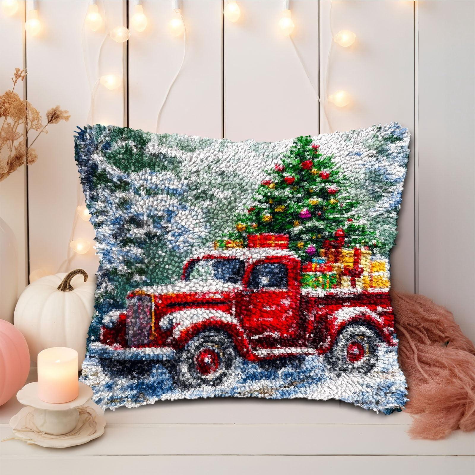 DIY Latch Hook Pillow Kits Red Truck with Christmas Tree Printed Pillowcase Crochet Yarns Hooking Handmade Pillow Cover Cushion for Home Sofa Decoration 17x17inch-2