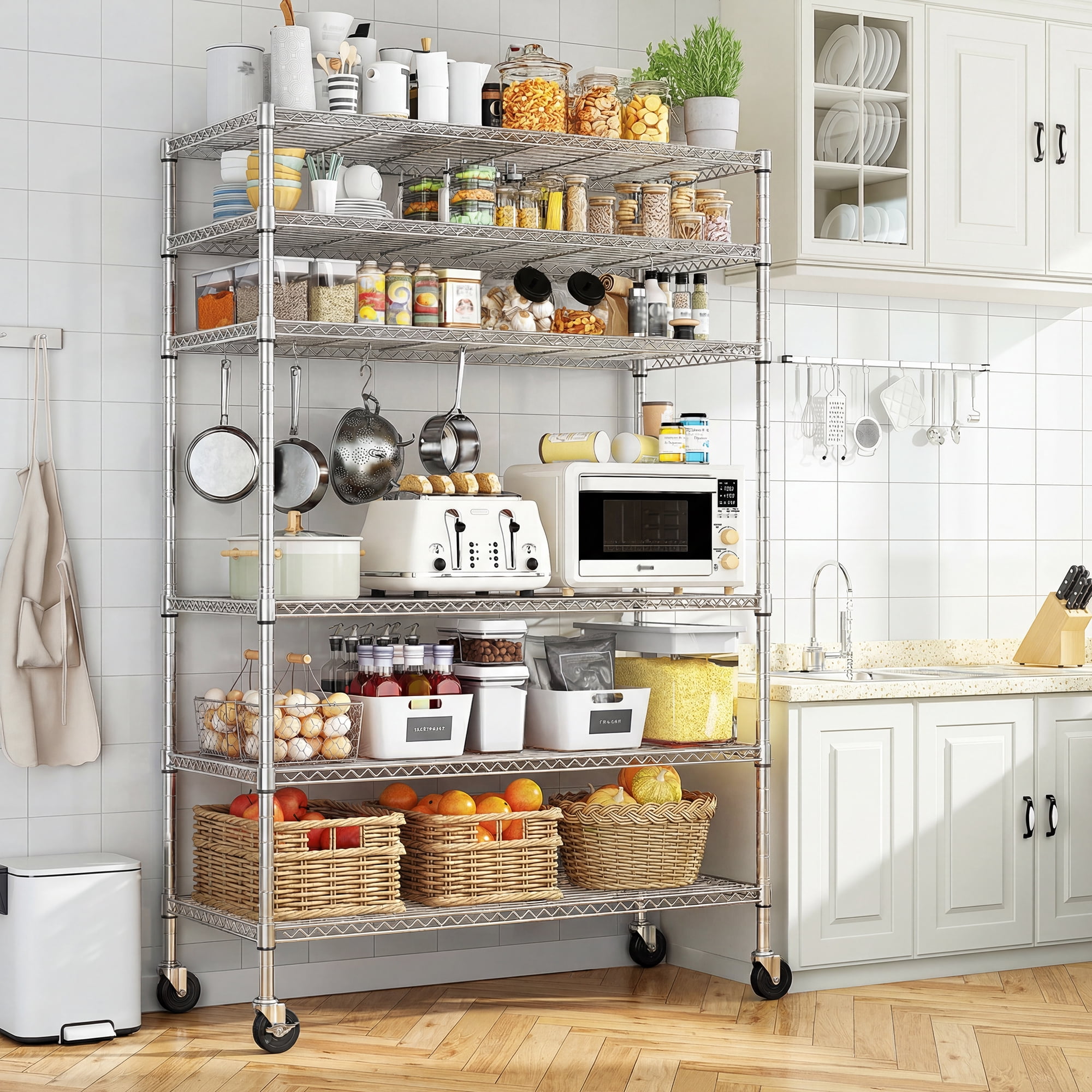 REIBII 6-Tier Wire Shelving Unit with Wheels, 82"H x 45"W x 18"D, 1800lbs Capacity,Adjustable Metal Storage Shelves for Garage,Kitchen,Pantry,Silver