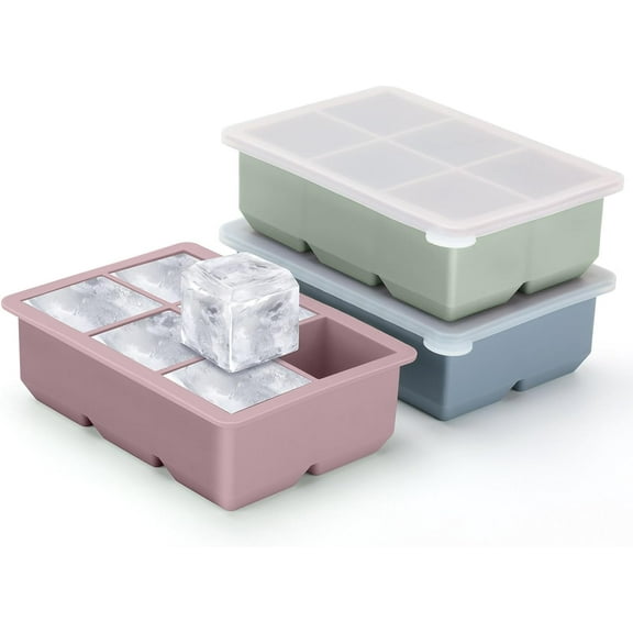 Silicone ice cube tray set of 3 - Large-sized silicone ice cube mold with leak-proof and detachable lid, square ice cube tray, stackable, elastic ice cube tray