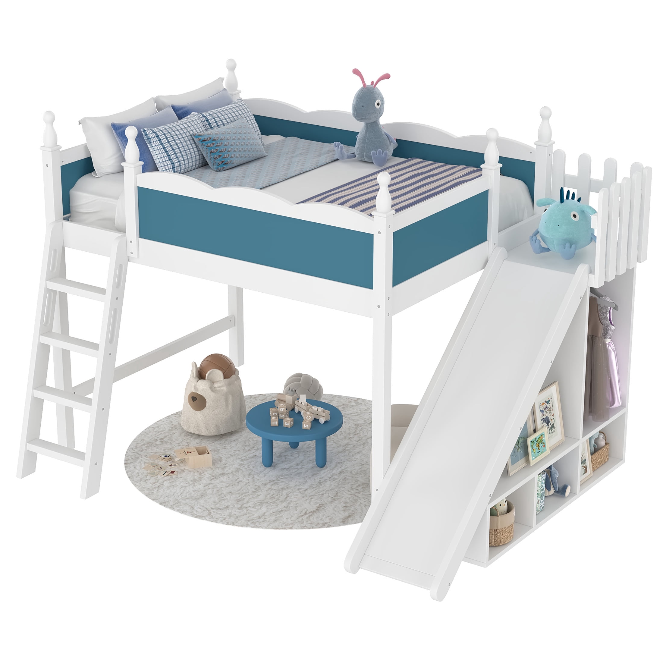 Noble House Full Loft Bed with Storage Shelves, Detachable Slide and Ladder, White + Blue