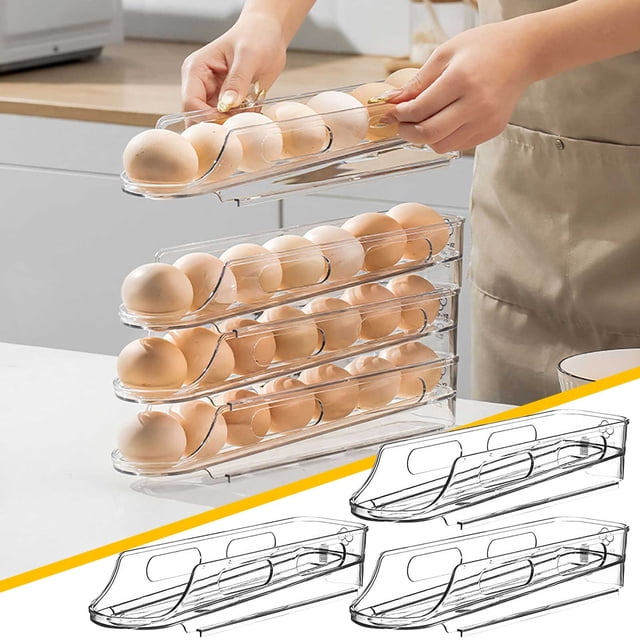Boovnll Food Storage Containers with Lids, 3Pcs Eggs Storage Box Refrigerator with Side Door Fresh-Keeping Box Eggs Dispenser Space-Saving Rolling Eggs Dispenser and Organizer for Refrigerator Storage