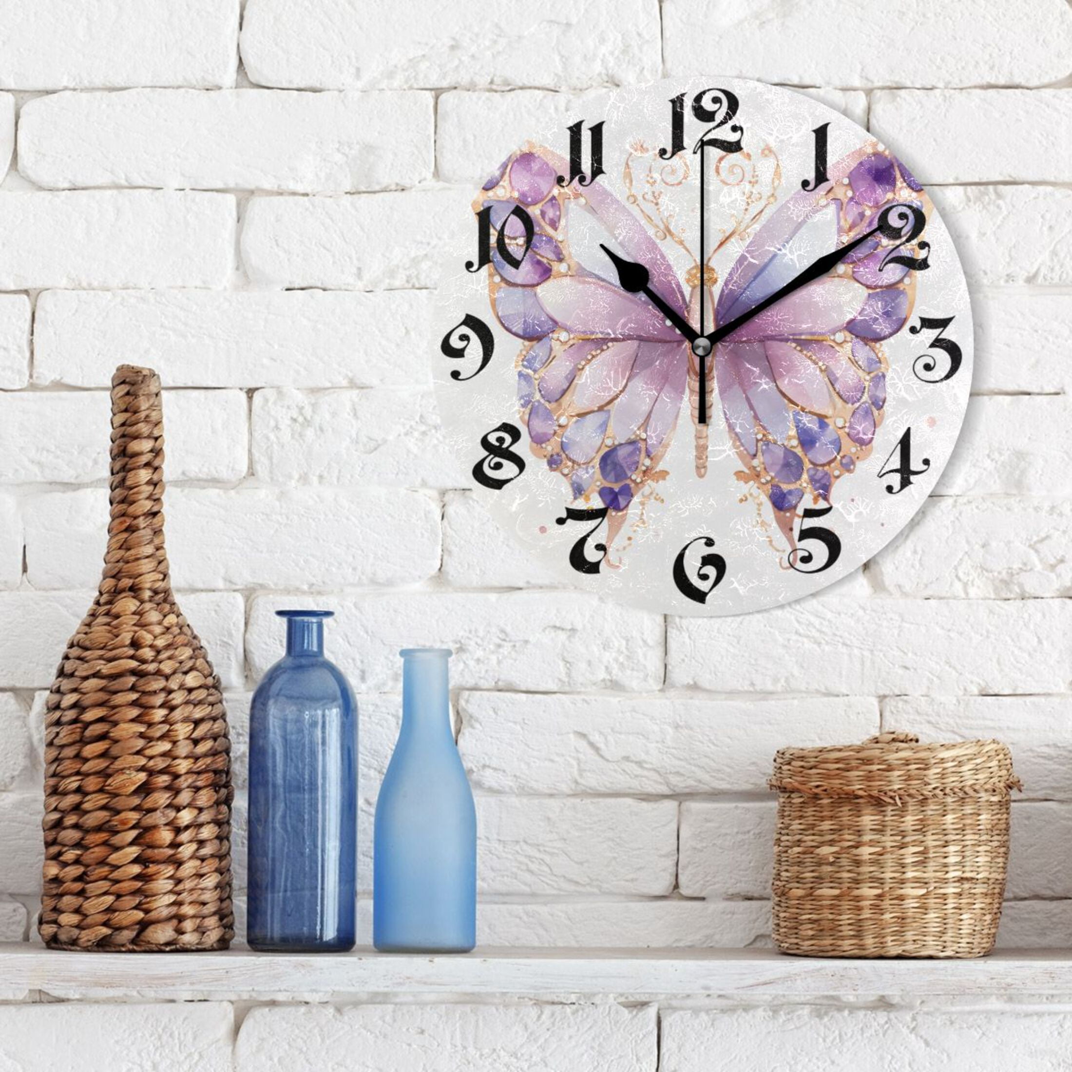 Wall Clock 10 Inch Silent Non-Ticking 8 Butterfly with Purple Battery Operated Rustic Retro for Living Room Home Kitchen Bathroom