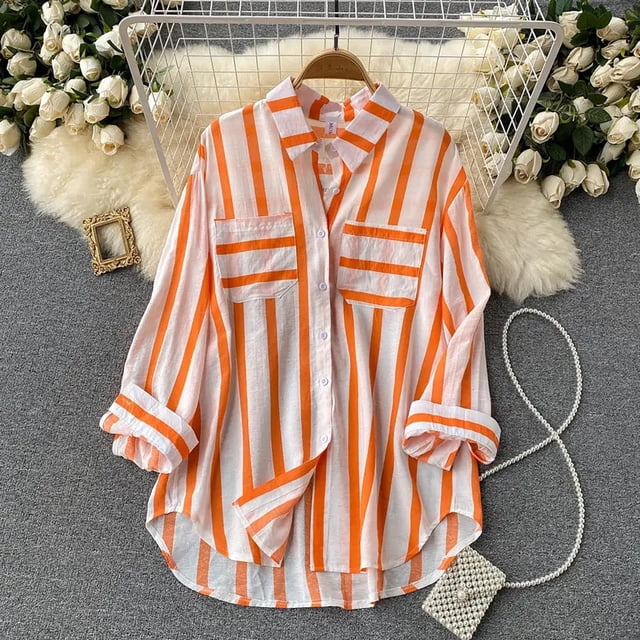 Babysbule Hauts pour Femmes Manches Longues Liquidation Chemise d'Été Décontractée Mi-Longue Rayée Multicolore