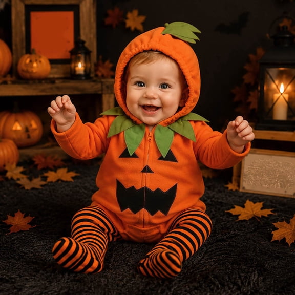 BRGZLK Halloween Costume Toddler Infant Fleece Hooded Pumpkin Onesie with Leggings Warm Comfort Set Cute Cosplay Outfits for Parties Dress Up Orange J 6-12 Months