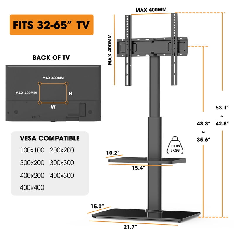 Floor TV Stand for 32-65 inch TVs up to 88lbs with Tilt