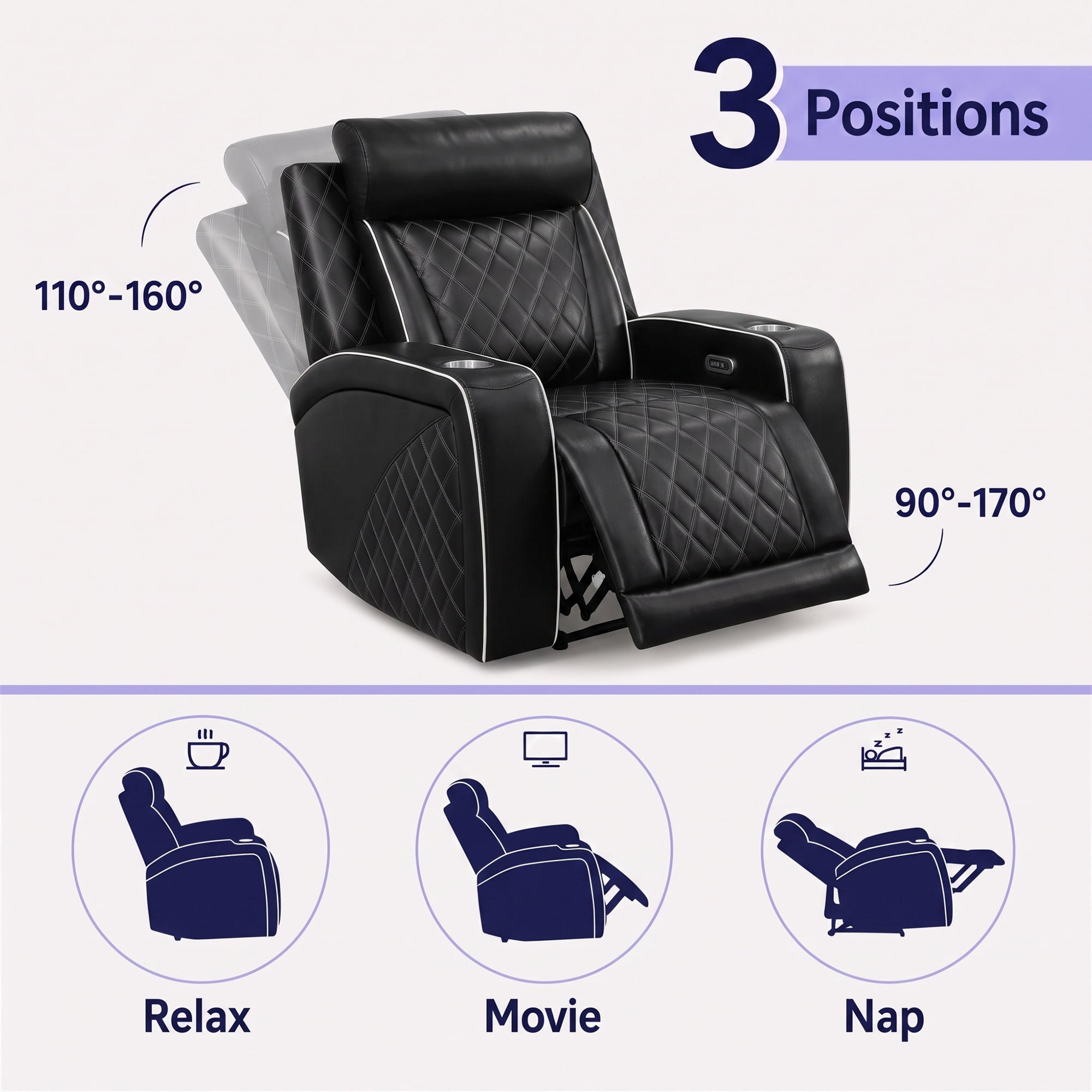 Aukfa Power Recliner RV Sofa with USB, Cup Holders & LED Lighting, Storage Arm, Home Theater Seating for Living Room, PU Leather, Black