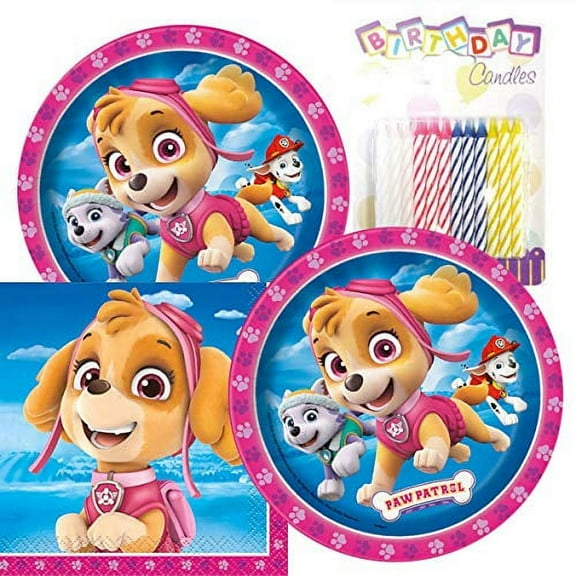 Paw Patrol Girl Birthday Party Pack - Includes 7" Paper Plates & Beverage Napkins Plus 24 Birthday Candles - Serves 16
