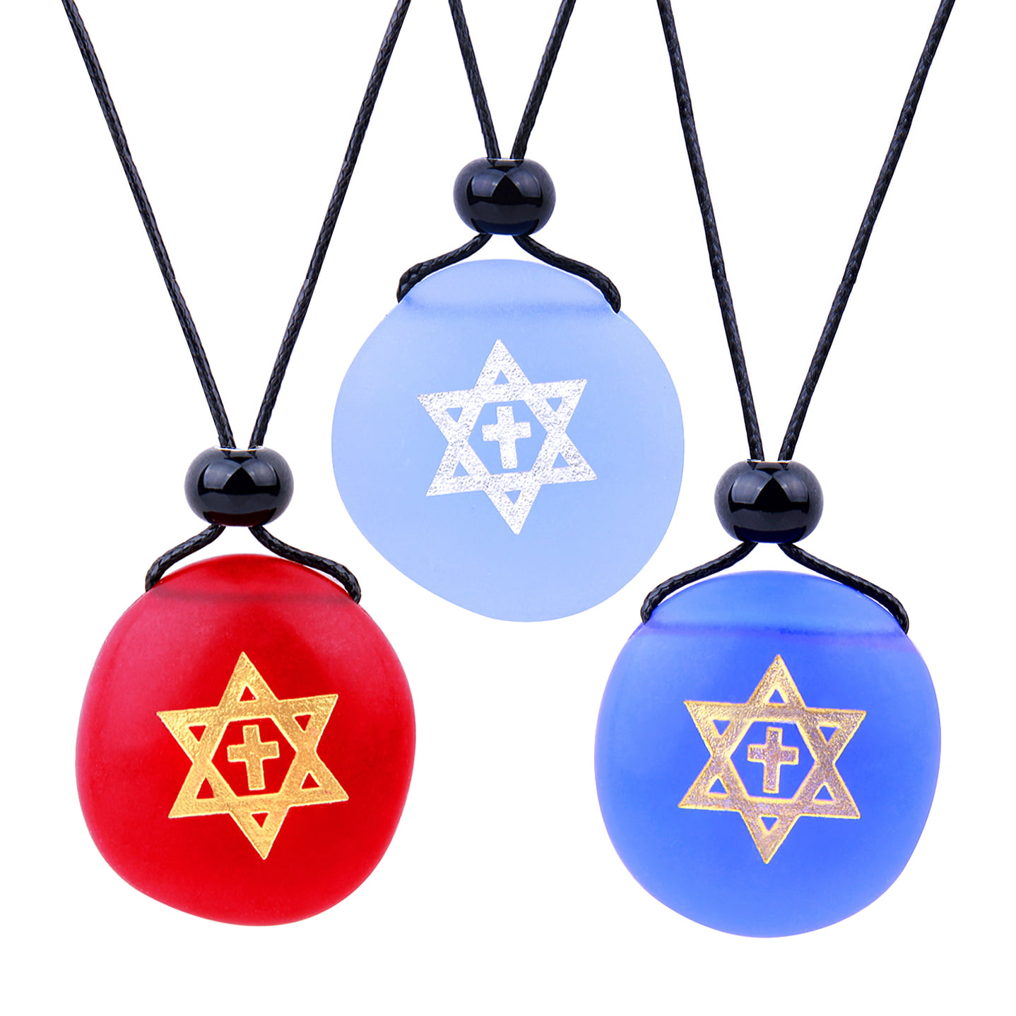 Frosted Sea Glass Stones Star of David and Cross Love Couples BFF Set Amulets Sky Blue Red Necklaces 
