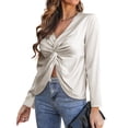 thumbnail image 4 of STARVNC Women V Neck Front Twisted Knot Long Sleeve Satin Slit Hem Top, 4 of 7