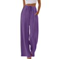 thumbnail image 7 of HKYNLAG Women Linen Pants Summer Casual Loose Wide Leg Palazzo Pants Drawstring High Waist Flowy Beach Trousers with Pockets Purple M, 7 of 7