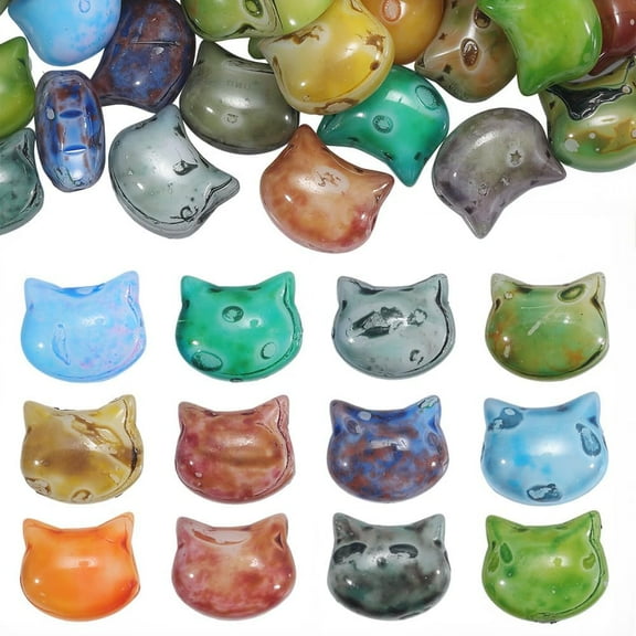 1 Box 50PCS Cat Glass Beads with Holes Picasso Baking Colorful Animal Cats Head Opaque Vintage Loose Spacer Seed Bead for DIY Jewelry Making Necklace Earrings Bracelet DIY Crafts Supplies