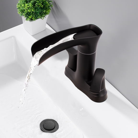 Sunrinx 4'' Centerset Bathroom Faucet 2-Handle Waterfall Sink Faucet with 360° Swivel, Matte Black, Lead-Free, Pop-Up Drain