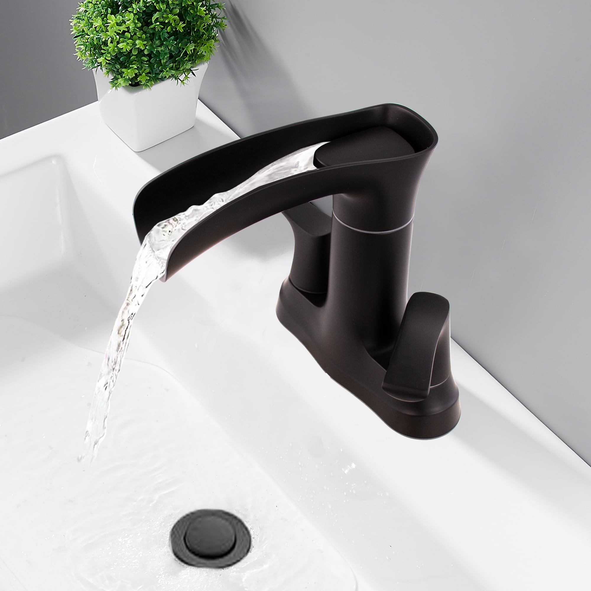 Sunrinx 4'' Centerset Bathroom Faucet 2-Handle Waterfall Sink Faucet with 360° Swivel, Matte Black, Lead-Free, Pop-Up Drain