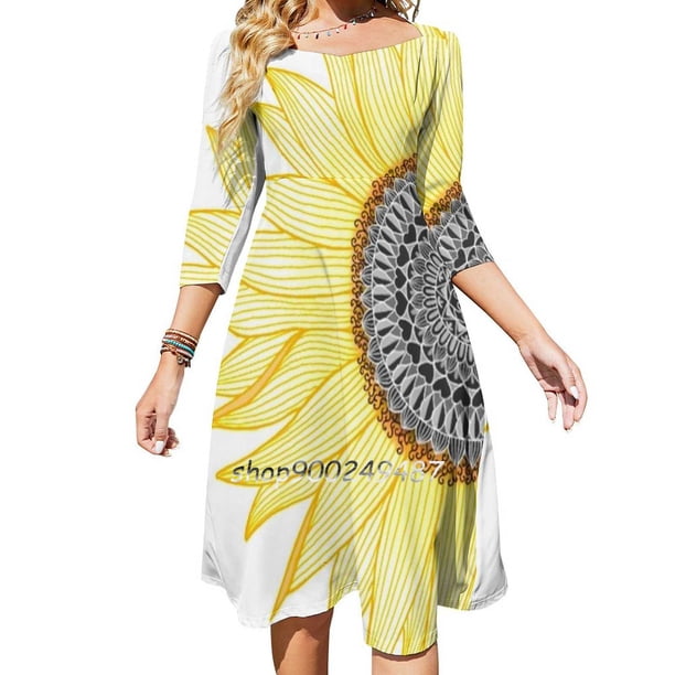 Vestido acampanado con estampado de girasol y mandala dorado Vestido con cuello cuadrado Vestido elegante de moda femenina Vestido estampado de girasol y mandala dorado atractivo