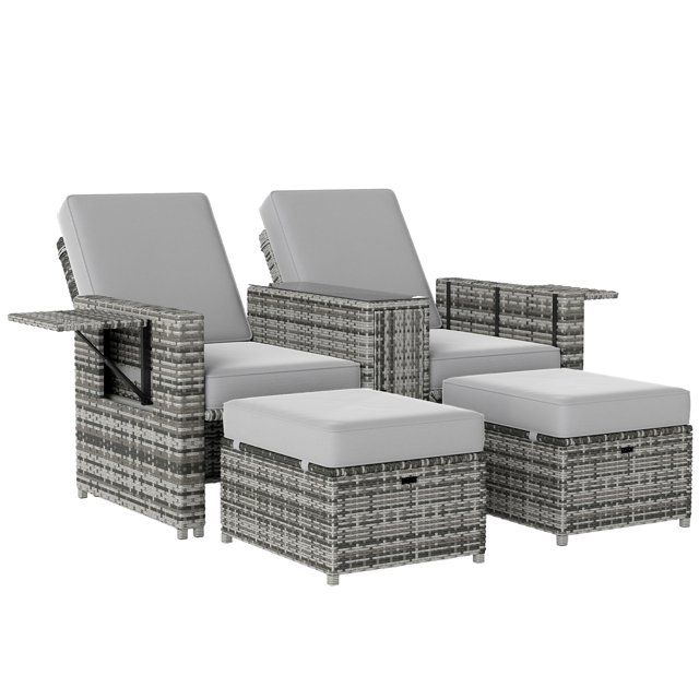 Outsunny Chaise Longue de Patio avec Table de Rangement et Ottomans, Sofa Inclinable, Gris