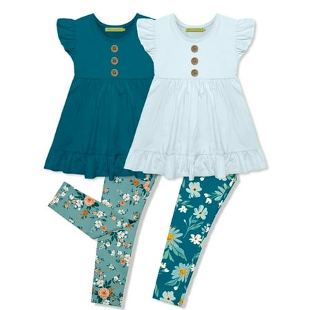 Millie Loves Lily Girls Teal & Sky Floral Garden Leggings Set Big Girls Size 6 4-PCS