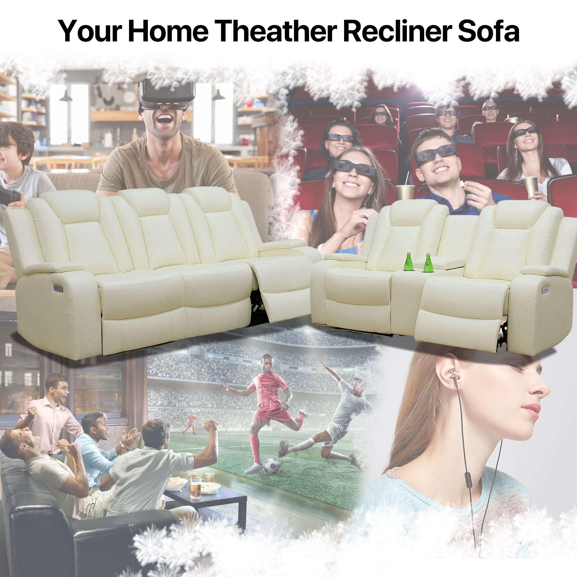 Aukfa Double Power Reclining Sofa, Leather Loveseat with Cupholder, USB and Storage for Living Room,Beige
