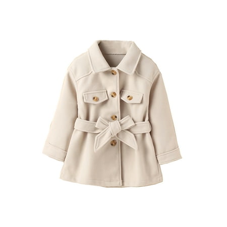 

Girls Dress Coat Kids Warm Jacket Long Sleeve Button Closure Bow-knot Belt Coat Pocket Long Peacoat