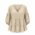 thumbnail image 6 of IPYUI Linen Babydoll Tops for Women Ruffle Peplum Blouse Puff Sleeve Pleated Cute Blouse Gauze Tops for Women Gauze Shirts Elbow Sleeve Dressy Clothes Bohemian Peasant Plain V Neck Solid Color Top, 6 of 6