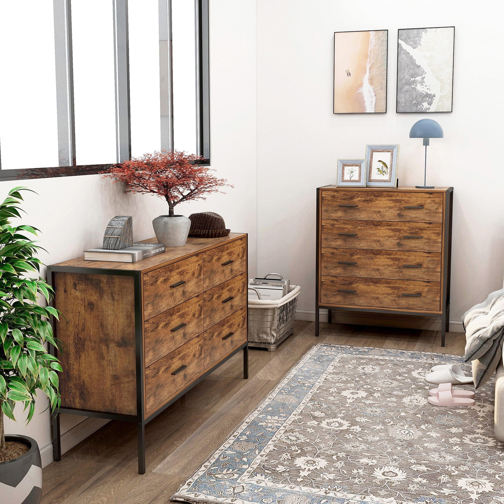 Aukfa 32.7" W Wood 4 Drawer Dresser,Nightstand Chest of Drawer with Anti-fall Device, Brown