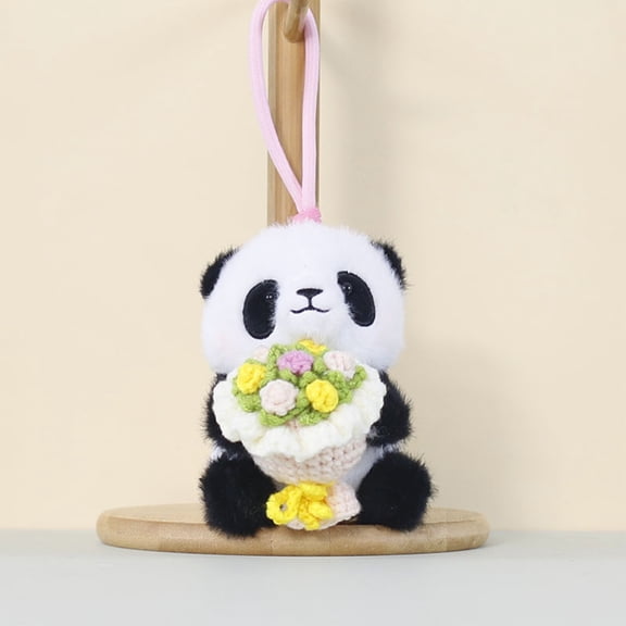karymi Embracing Roses Pendant Panda Proposing Toy Doll with Hand Crocheted Flower Bouquet and Woven Hanging Rope Romantic Cute Gift Idea Gifts for Women Family Gifts Bedroom Decor