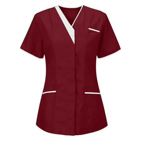 

Scrub Tops for Women Short Sleeve Casual V Neck Solid Color Working Uniform Blouse Comfortable Durable Scrub Shirt with Pockets