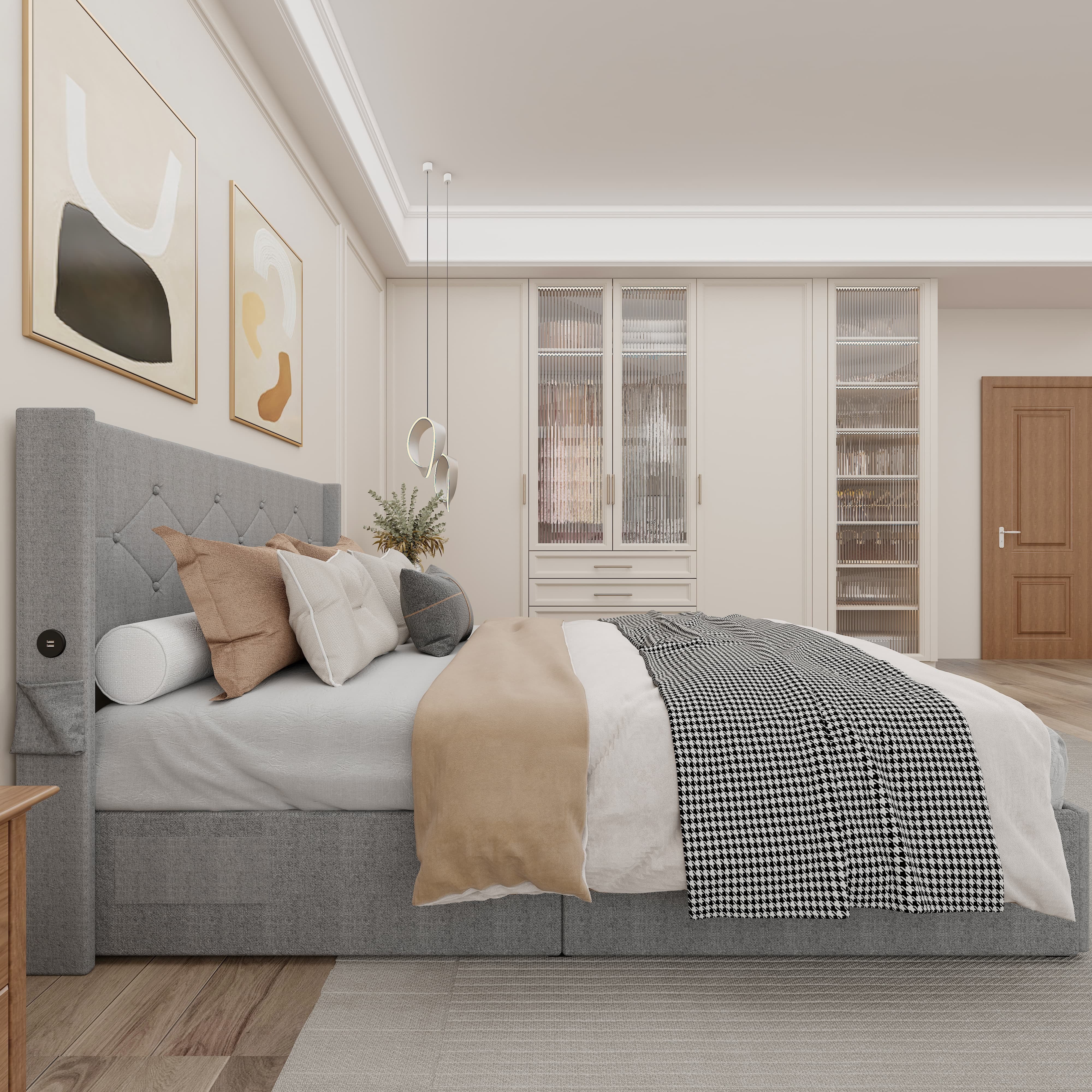 Euroco Full Size Platfrom Bed with Lift Up Storage and Wingback Headboard, USP Ports, Light Grey