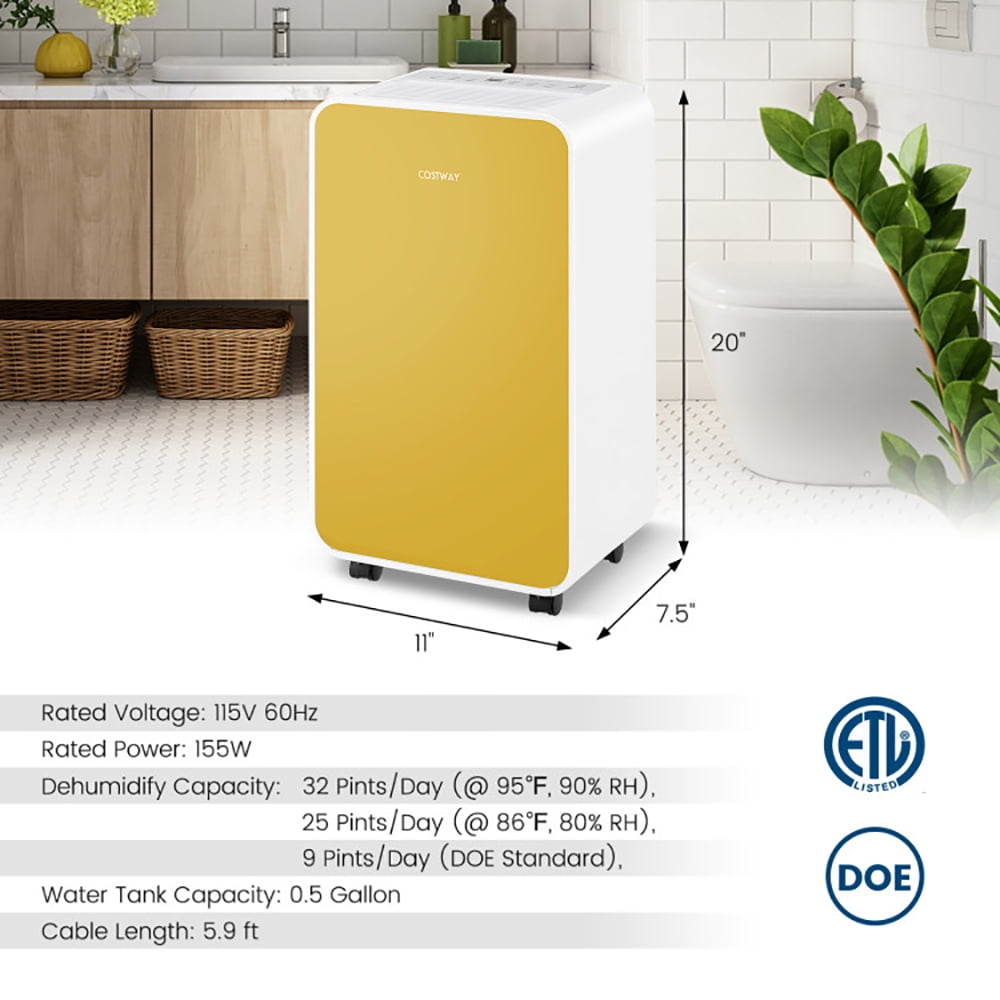 Spaco 32 Pints/Day Portable Quiet Dehumidifier for Rooms up to 2500 Sq. Ft-Yellow, Dehumidifier for Basement and Bedroom
