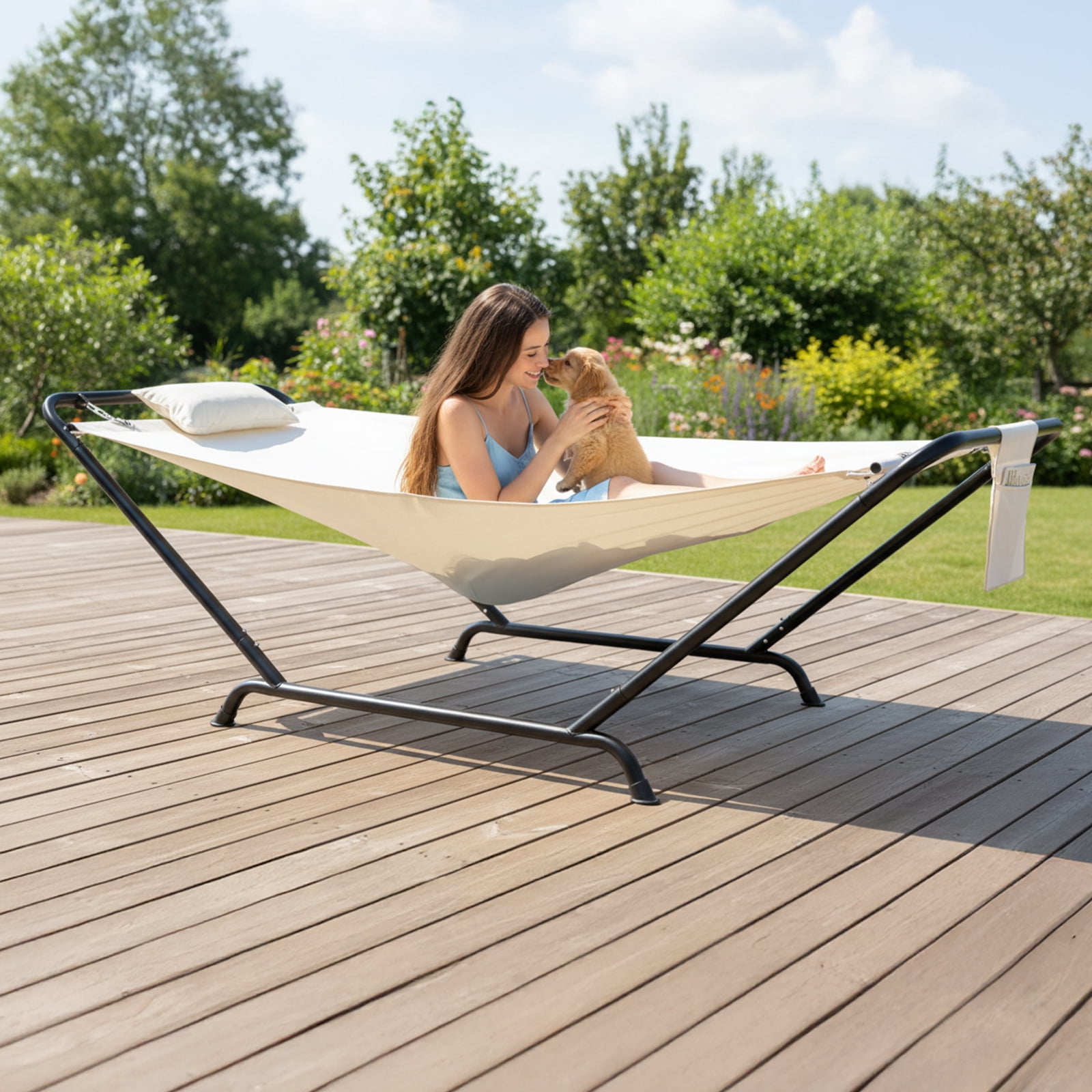 Freestanding Hammock with Stand 600LBS Heavy Duty Outdoor Hammock Bed with Soft Pillow And Storage Bag Beige