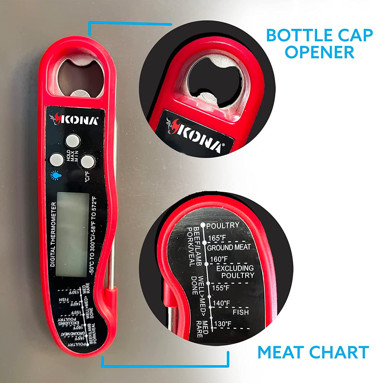 Kona Instant Read Meat Thermometer - Folding Waterproof  Thermometer with Backlight & Calibration