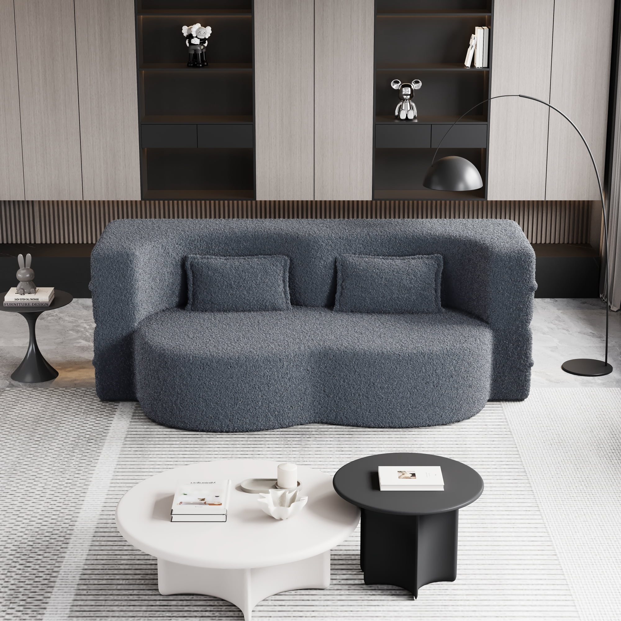 Convertible Futon Sofa Bed,Modern Floor Sofa with 2 Pillows,Teddy Fabric Foam-Filled Sleeper Sofa Bed,15" Full Size Folding Mattress for Living Room,Guest Bed,Playroom,Gray