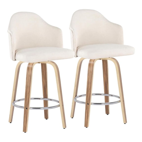 LumiSource Zebra Wood, Chrome, Cream Fabric Ahoy Counter Stool - Set of 2