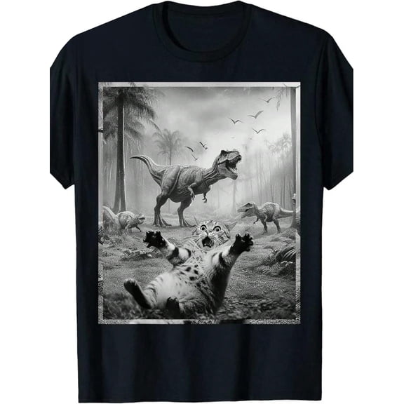Men's Funny Cat & T-Rex Dinosaur Graphic Tee - Short Sleeve,Black Retro Style Casual Shirt For All Seasons, Everyday Clothing
