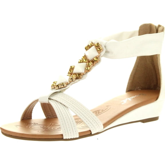 Bonnibel Womens Felice-2 Criss Cross T-strap Gem Back Zipper Low Wedge Sandals