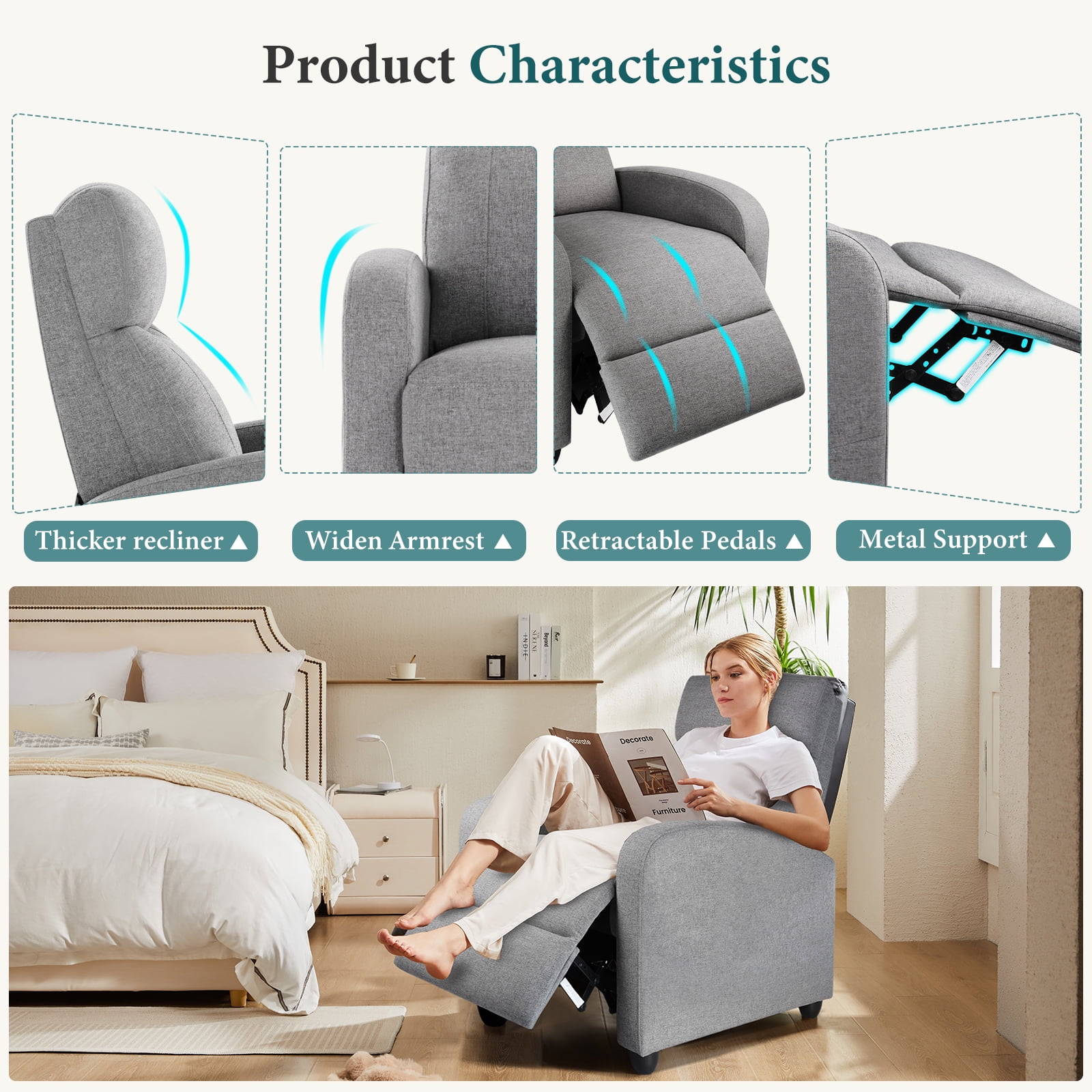 JOINSUN Modern Massage Recliner Chair with Vibration & 160° Lay-Flat Function – Space-Saving Small Sofa for Home Theater, Apartment, or Bedroom, 275lbs Weight Limit, Gray