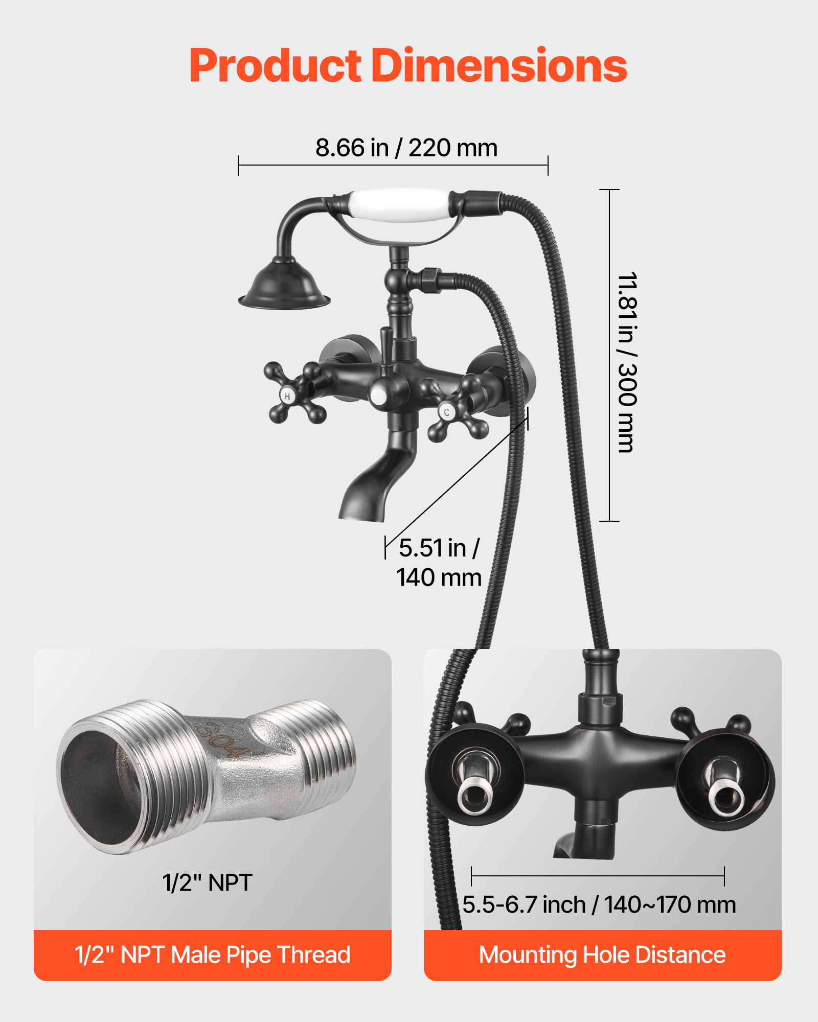 VEVOR Clawfoot Tub Faucet,Wall Mount Bathtub Faucets with Handheld Shower,Vintage Oil-Rubbed Bronze Clawfoot Tub Filler Faucet Shower Kit with Adjustable Swing Arms & 360° Rotation Spout for Bathtubs