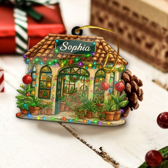 Personalized Greenhouse Acrylic Christmas Ornament Plants & Lights, Custom Garden Shop Name, Holiday Tree Decor, Plant Lover Keepsake